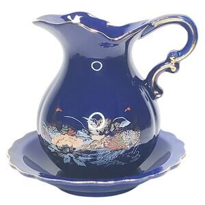 Vtg Cobalt Blue Pheasants & Gold Peony Pitcher & Basin Decorative Birds
